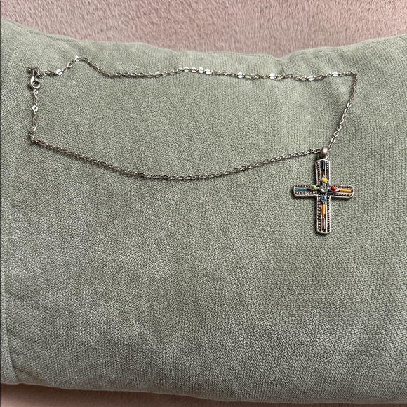Pewter Cross Necklace With Multicolor Accents